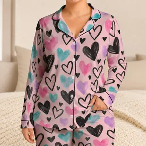 Pink Teal and Lavender Hearts for Cozy Valentine Nights and Sweet Everyday Style for Girls Satin Pajamas Set