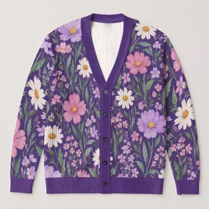 Purple Wildflower Meadow Blooms for Relaxed Spring Layering and Everyday Wear Style All-over Print Knitted Cardigan