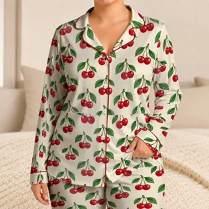 Tiny Red Cherry Pair Motifs for Cozy Summer Lounging and Sweet Seasonal Gifting Days Satin Pajamas Set