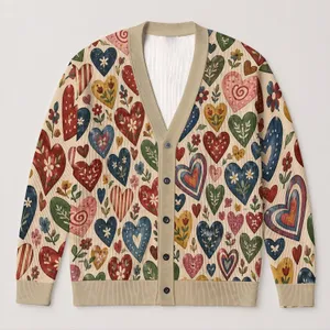 Colorful Folk Heart Motifs for Cozy Everyday Layering and Casual Outings for Women All-over Print Knitted Cardigan