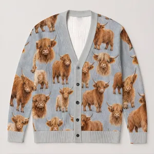 Shaggy Highland Cow Motifs for Cozy Country Days and Farmhouse Casual Style All-over Print Knitted Cardigan