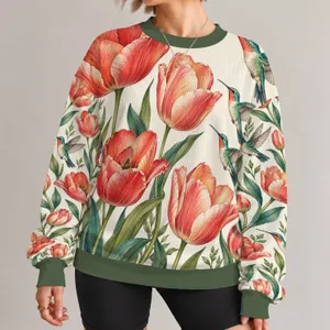 Tulip And Hummingbird Botanical Art For Relaxed Casual Everyday Wear All-over Print Knitted Sweater