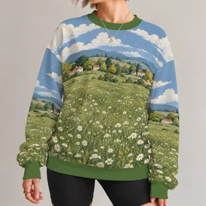 Countryside Daisy Meadow With Tiny Cottages For Whimsical Spring Garden Lovers All-over Print Knitted Sweater