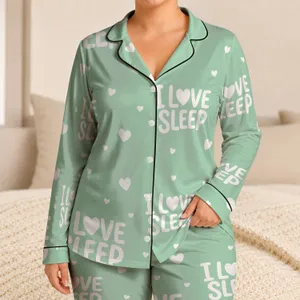 Mint Green Heart Quote Lounge Style For Cozy Bedtime Gifts For Her At Home All Season Satin Pajamas Set