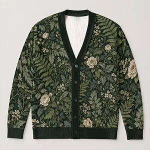 Dark Forest Ferns and Ivory Roses for Everyday Botanical Nature-Inspired Layering All-over Print Knitted Cardigan