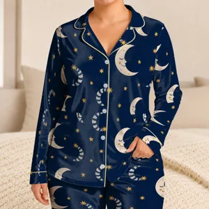Navy Moon And Star Nightwear For Cozy Bedtime Gifts, Evening Relaxation For Women Satin Pajamas Set