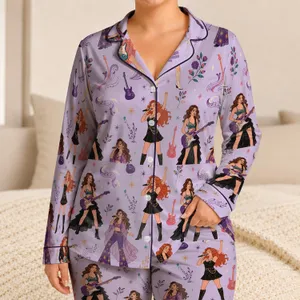 Lavender Singer Stage Style For Women, Retro Concert Night Out Comfort Look Vibe Satin Pajamas Set