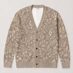 Ivory Botanical Linework on Taupe for Relaxed Everyday Layering and Casual Outings All-over Print Knitted Cardigan