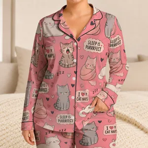 Pastel Cat Nap Sleep Gift With Rose Pink All Over Cozy Mood For Cat Lovers At Home Satin Pajamas Set