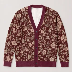 Burgundy Cream Wildflower Blooms for Cozy Everyday Layering and Bohemian Wardrobe Style All-over Print Knitted Cardigan