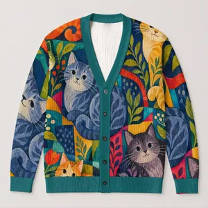 Colorful Patchwork Cats for Cozy Everyday Layering and Whimsical Cat Lover Style All-over Print Knitted Cardigan
