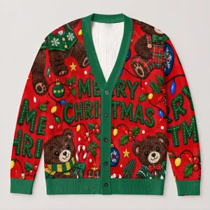 Red Teddy Bear Christmas Lights and Merry Christmas Holiday Cheer for Festive Celebrations All-over Print Knitted Cardigan