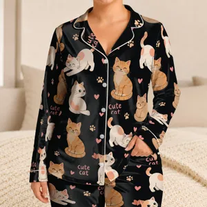 Cute Cat Repeat Charcoal Cat Lover Lounge Set for Cozy Bedtime and Weekend Wear Satin Pajamas Set