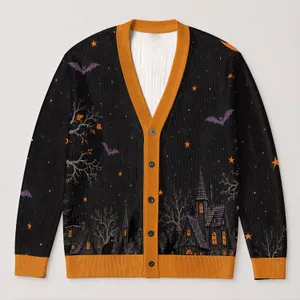 Black Cats, Bats and Pumpkins for Spooky Halloween Nights and Autumn Cat Lovers All-over Print Knitted Cardigan