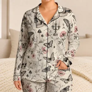 Skull Floral Butterfly Motifs for Cozy Nights, Gothic Gift for Women and Witchy Homes Satin Pajamas Set