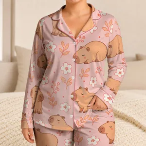 Pastel Capybara Charm For Cozy Nights, Lounging, And Gift Giving With Soft Blush Hues Satin Pajamas Set