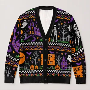 Spooky Pumpkin Ghosts and Haunted Houses for Halloween Trick-or-Treat Celebrations All-over Print Knitted Cardigan