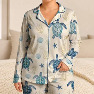 Sea Turtle Coastal Summer Evenings At Home, Plus Size Women, Ivory Resort Vibes Satin Pajamas Set