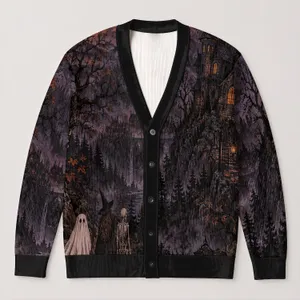 Haunted House Ghost Skeleton Pumpkin Halloween Scene for Spooky Autumn Nights Out All-over Print Knitted Cardigan