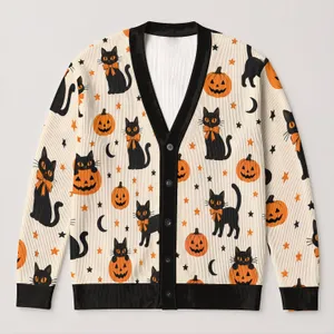 Black Cat and Jack-O'-Lantern Halloween Fall Cozy Autumn Gift for Women and Cat Lovers All-over Print Knitted Cardigan