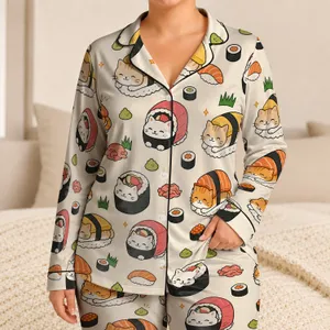 Cute Sushi Cat Sleep Set for Cozy Nights, Lounging, and Gift Giving for Women At Home Satin Pajamas Set