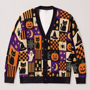 Retro Halloween Patchwork with Black Cats and Pumpkins for Cozy Autumn Festivities All-over Print Knitted Cardigan