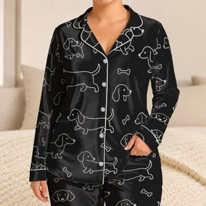 Charcoal Black Dachshund And Bone Scatter For Cozy At-Home Evenings, Dog Lovers Gift Satin Pajamas Set