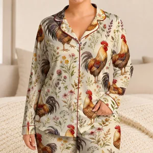 Rooster And Wildflower Watercolor For Spring Cottage Evenings, Cozy Gift For Her Satin Pajamas Set