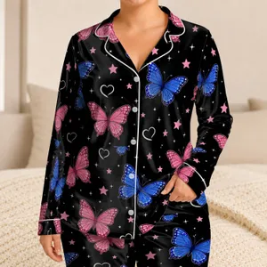 Black Butterfly and Star Bedtime Set for Cozy Nights, Everyday Gift for Women and Teens Satin Pajamas Set