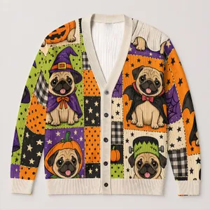 Six Spooky Pug Halloween Scenes for Festive Autumn Layering and Dog Lover Gifts All-over Print Knitted Cardigan