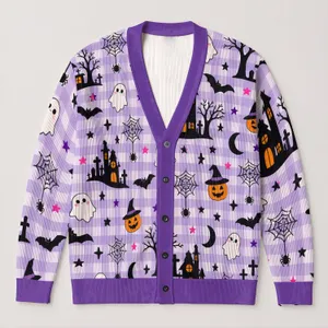 Purple Gingham Haunted House Halloween Spooky Season Autumn Layering Gift for Her All-over Print Knitted Cardigan