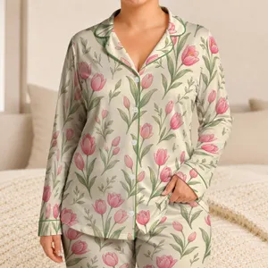 Vintage Tulip Blossom Sleepwear for Cozy Nights, Weekend Lounging, and Gifting for Women Satin Pajamas Set