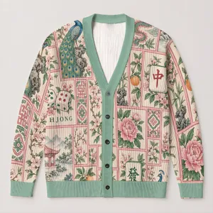 Mahjong Dragon, Peony and Floral Tile Motifs for Game Night, Good Fortune and Everyday Style All-over Print Knitted Cardigan