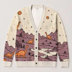 Cartoon Dinosaurs And Volcano Planets For Playful Everyday Casual Wear All-over Print Knitted Cardigan