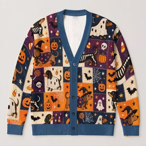 Halloween Dachshund Costumes, Ghosts and Pumpkins for Spooky Season Dog Lovers All-over Print Knitted Cardigan