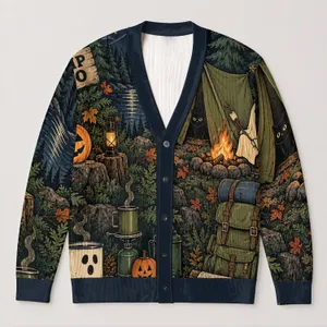 Ghost, Pumpkin and Campfire Camping Scene for Halloween Nighttime Outdoor Lovers All-over Print Knitted Cardigan