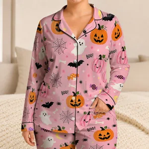 Pink Halloween Pumpkins, Ghosts And Bats Cozy Autumn Sleepwear For Women At Home Satin Pajamas Set