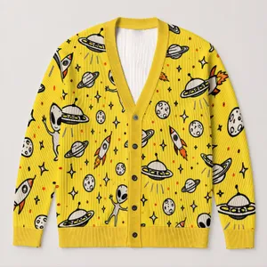 Playful Yellow Space Aliens And UFOs For Casual Everyday Wear And Cosmic Adventure Fans All-over Print Knitted Cardigan