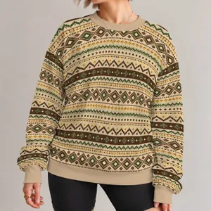 Retro Nordic Geometric Motifs for Autumn City Outings and Relaxed Weekend Wear All-over Print Knitted Sweater