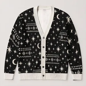Black And White Celestial Stars And Crescent Moon For Relaxed Everyday Streetwear Style All-over Print Knitted Cardigan