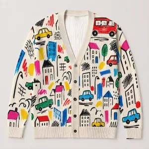 Colorful House and Car Graffiti for Everyday Urban Streetwear and Casual Weekend Style All-over Print Knitted Cardigan