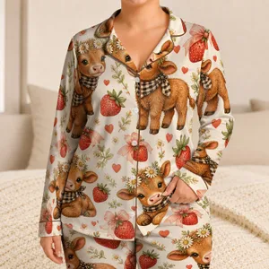 Sweet Calf And Strawberry Bedtime Set For Cozy Kids And Toddlers, Storybook Nights Satin Pajamas Set