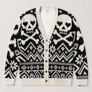 Black White Skull Crossbones Geometric Motif for Halloween and Streetwear Style All-over Print Knitted Cardigan