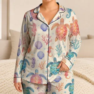 Ivory Sea Turtle Marine Motif For Cozy Beach Getaways, Gifts For Women And Teens Satin Pajamas Set