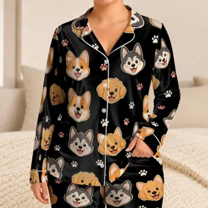 Cute Corgi Husky Puppy Faces On Black For Cozy Bedtime Gift For Pet Lovers At Home Satin Pajamas Set