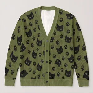 Black Cat Faces And Paw Prints For Cozy Autumn Days And Everyday Layering All-over Print Knitted Cardigan