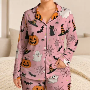 Cute Pumpkin Ghost Halloween Loungewear For Cozy Nights For Girls And Kids At Home Satin Pajamas Set