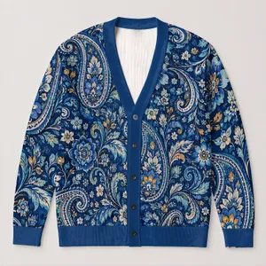 Blue Paisley And Floral Motifs For Bohemian Everyday Layering And Artistic Casual Style All-over Print Knitted Cardigan