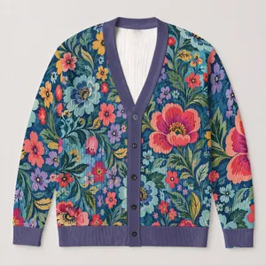 Colorful Folk Floral Blooms for Everyday Layering and Creative Weekend Style All-over Print Knitted Cardigan