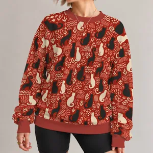 Seated Cat Folk Motifs for Cozy Autumn Outings and Everyday Cat Lovers All-over Print Knitted Sweater